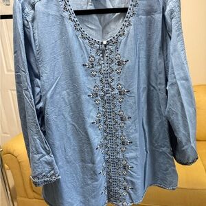 J. Jill Blue Embellished 3/4 Sleeve Tunic